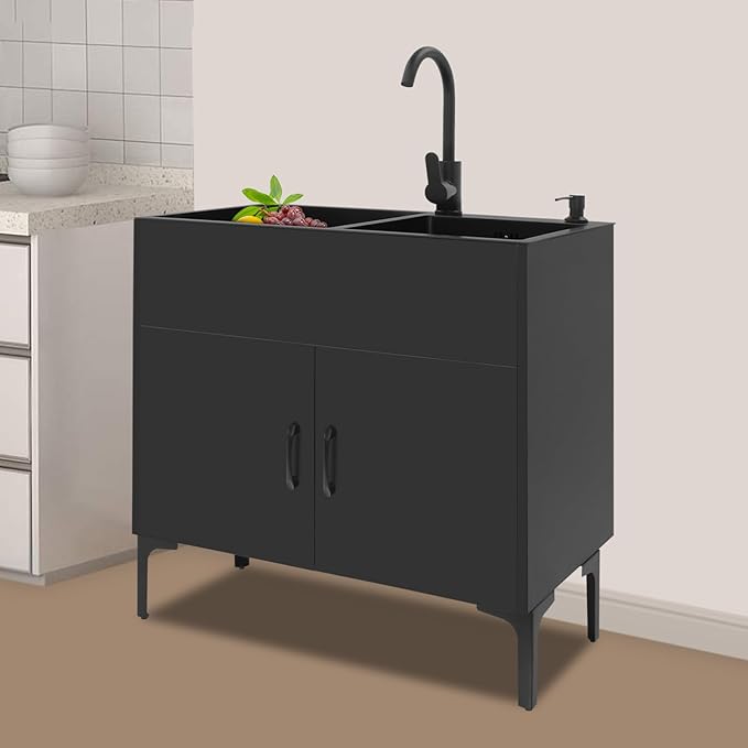 30-Inch Laundry Sink with Cabinet & Hot/Cold Faucet, Large Utility Sink Cabinet with Stainless Steel Double Sinks & Drain Basket, Freestanding Black Cabinet with Sink for Laundry&Utility Room,Kitchen