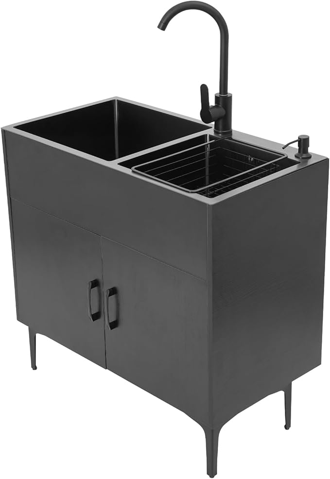 Laundry Room Double-bowl Sink Cabinet, Utility Sink Cabinet with Cold & Hot Faucet Freestanding, Bathroom Kitchen Stainless Steel Laundry Sink 31.89x16.93x30.71in (Black)