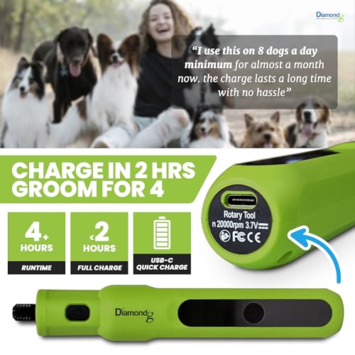 Diamondg Cordless Micro Dog Nail Grinder with Quiet Sound & LED Tip for Large & Small Dogs, 4hrs. Runtime - Electric Dog Nail Trimmer, Heavy Duty Rotary Tool Alternative to Toenail Clippers & Filers