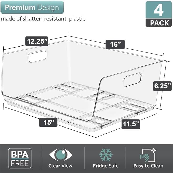 Clear Stackable Pantry Bins — See Everything, Stack Anywhere (Large 4 Pack)