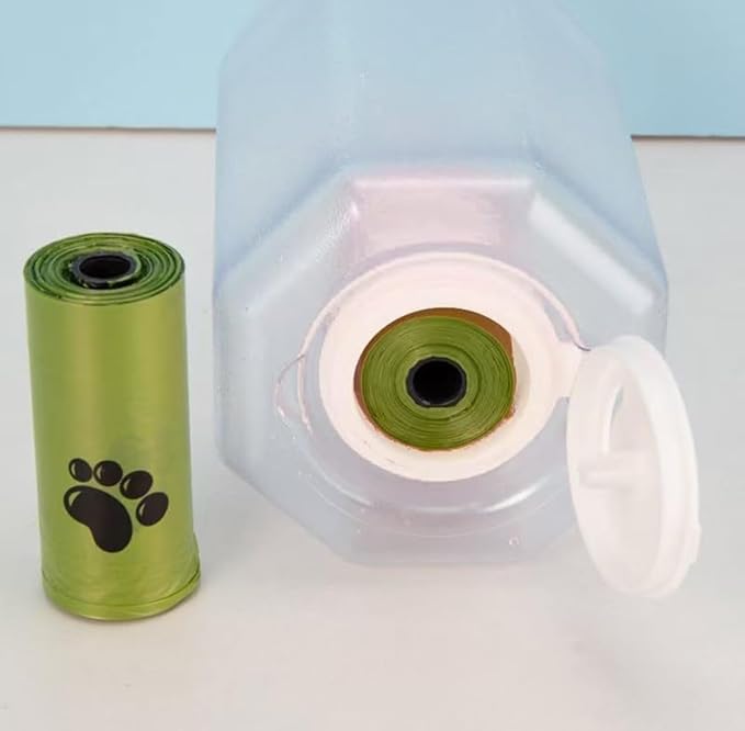 Three-in-One Pet Water Bottle and Food Container, Blue, Leak-Proof Design with Waste Bag Dispenser, 300ml Water, 100g Food Capacity (Blue)
