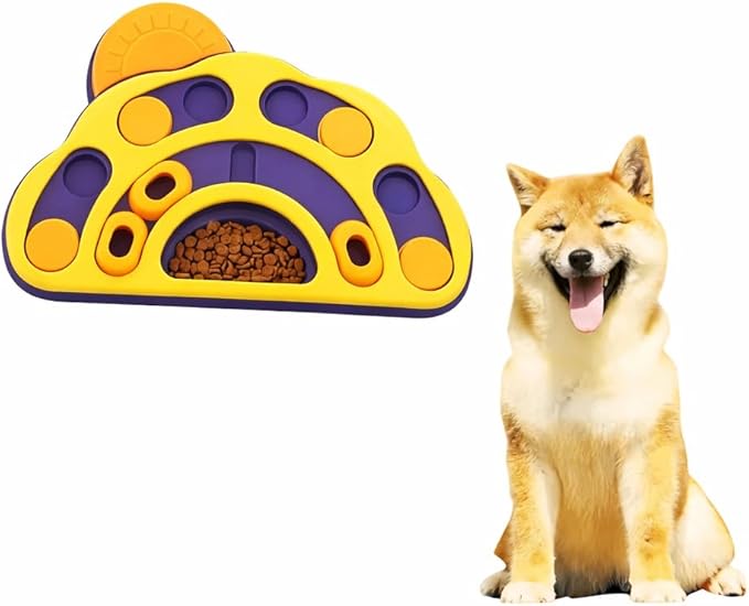 Dog Puzzle Feeder Slow Feeding Bowl, Interactive Treat & Kibble Puzzle Toy for Dogs, Sliding Compartments Food Puzzle Feeder for Enrichment, Non-Slip Feeding Game (Yellow/Purple)