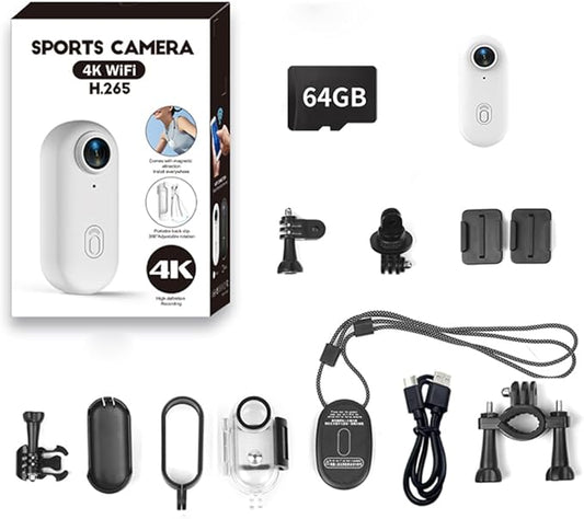 4K Mini Action Camera, Included 64GB, Wearable Camera with 360°Rotatable Clip & Magnetic Clip, for Lecture, Traveling, Pet Walking and Outdoors Activities JS-10W White Full Bundle