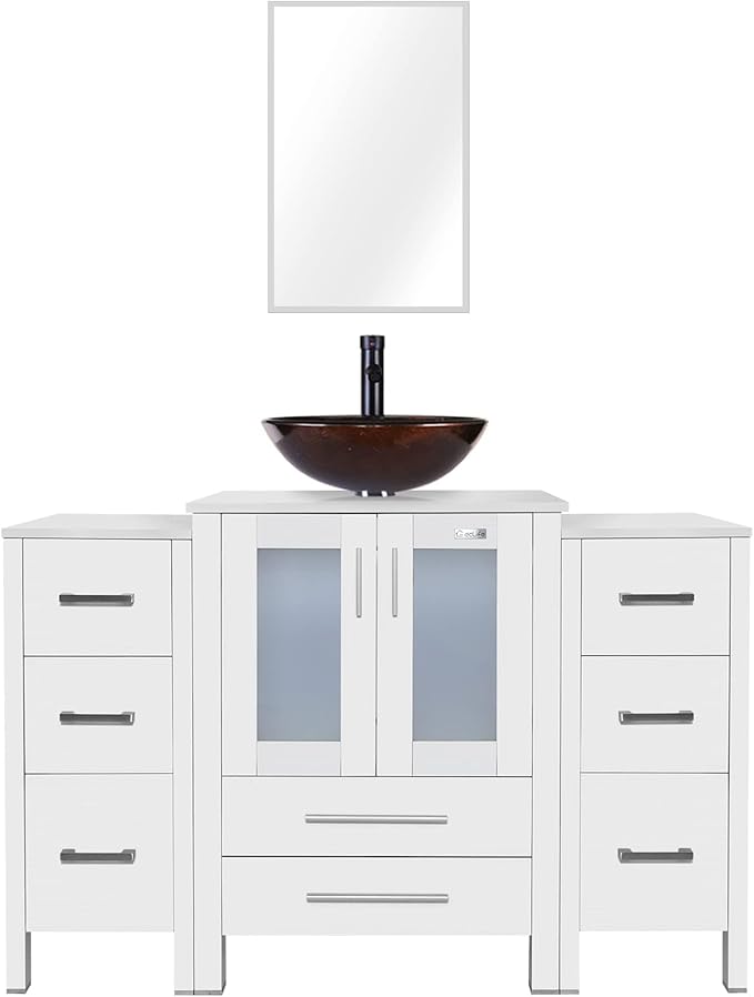 eclife 48" Modern Bathroom Vanity Sink Combo Freestanding Cabinet with Small Side Cabinet, Brown Round Glass Vessel Sink, Water Save Faucet, Drain (White+A09)
