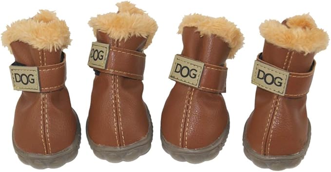 Winter Dog Boots & Paw Protectors: Outdoor Anti-Slip Dog Snow Shoes, Dog Booties Provide Warmth to Dogs Paws from Ice and Snow, Rubber Sole PU Leather Faux Fleece-Lined, Light Brown Dog Shoes Size 7