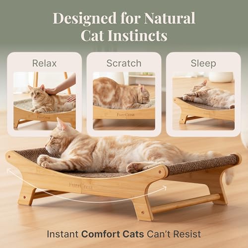 XL Sisal Cat Scratcher Bed with Elevated Hammock for Indoor Cats, Replaceable Natural Sisal Pad, Large Cat Lounge, Anti-Slip No-Wobble Bamboo Frame, Grey Chevron. - Image 4