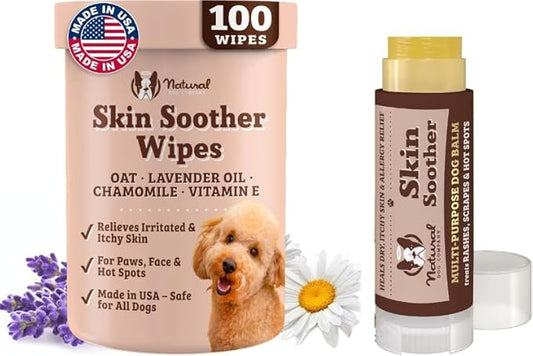 Natural Dog Company Skin Soother Bundle, (1) Dog Skin Wipes, 50 Count, (1) Travel Stick, 0.15 oz., Allergy and Itch Relief for Dogs, Dog Moisturizer for Dry Skin, Dog Lotion