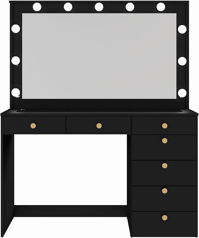 Boahaus Serena White Makeup Vanity with Mirror and 11 Lights, 7 Drawers, Glass Top, Crystal Knobs, USB-A & USB-C Ports, 110V Power Outlet, Bedroom Vanity Desk (Black)