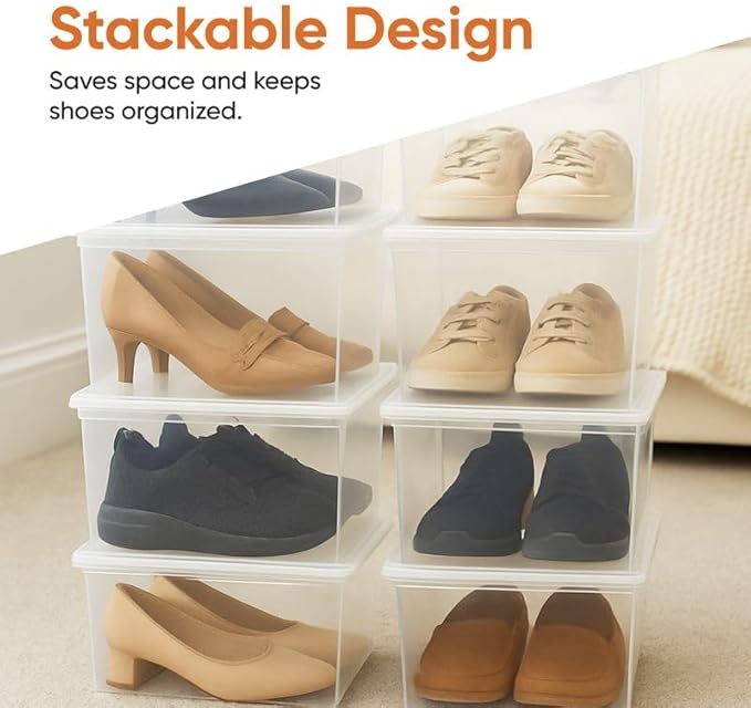 Superio Shoe Box Modern Storage Container 6 Pack - 6.5 Quart/6 Liter, Stackable Plastic Shoe Box Organizer (13.5"L x 8.35"W x 5.2"H)