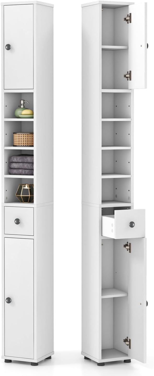 Giantex Slim Bathroom Storage Cabinet - 71” Tall Narrow Floor Cabinet Cupboard with 2 Doors, 5 Adjustable Shelves, 1 Drawer, Anti-Tipping Device, Thin Linen Tower Cabinet for Living Room (2, White)