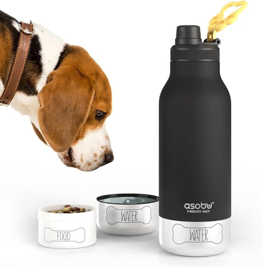 Asobu Dog Barky Bottle – Insulated Stainless Steel Water Bottle with 2 Removable Dog Bowls for Food, Treats & Water – Pet-Friendly Travel Bottle for Hiking, Road Trips & Outdoor Adventures
