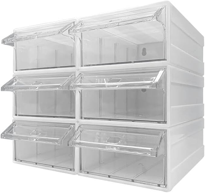6 Pcs Drawer Stacking Storage Cabinet, White Plastic Drawers Storage Closet & 18 Pcs Clear Dividers Organizer Rack & 12 Pcs Tag Card for Home Office School