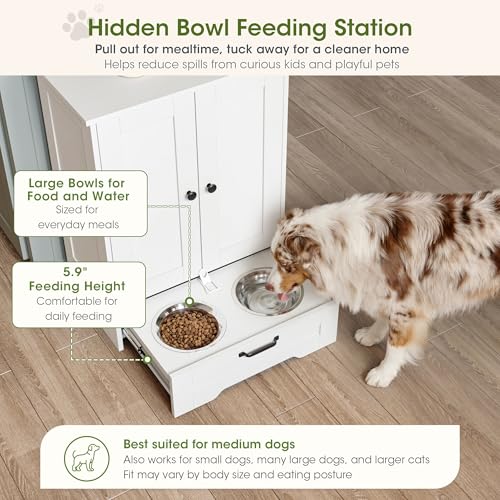 Dog Feeding Station with Storage Cabinet, White Wood Dog - Image 4