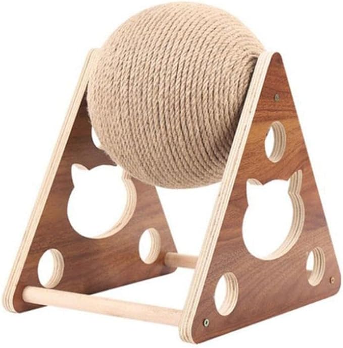 Cat Scratcher, Natural Sisal Rope Scratching Ball with Ball for Cats & Kittens, Interactive Solid Wood Pet Toy (Medium)