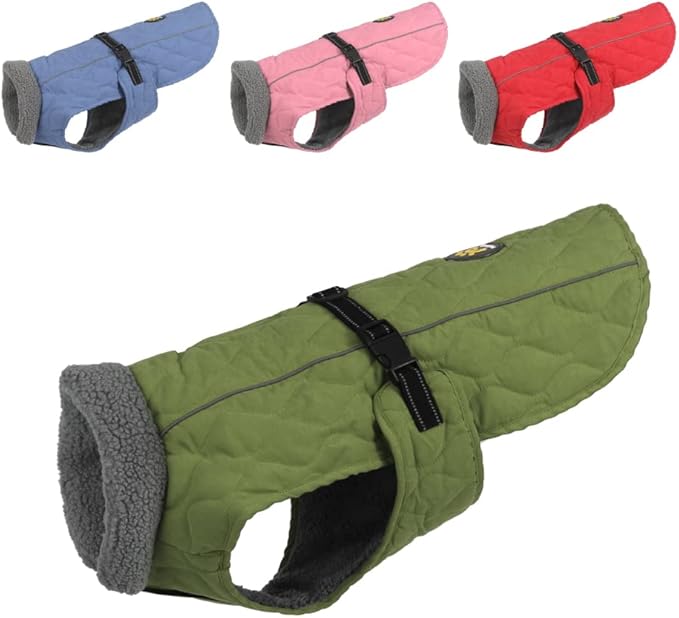 Dog Cold Weather Coats, Warm Fleece Lining Small/Medium/Large Dog Jackets for Winter, Adjustable Doggie Clothes for X-Large Dogs with Leash Hole and Quick Release Buckle, Green XL