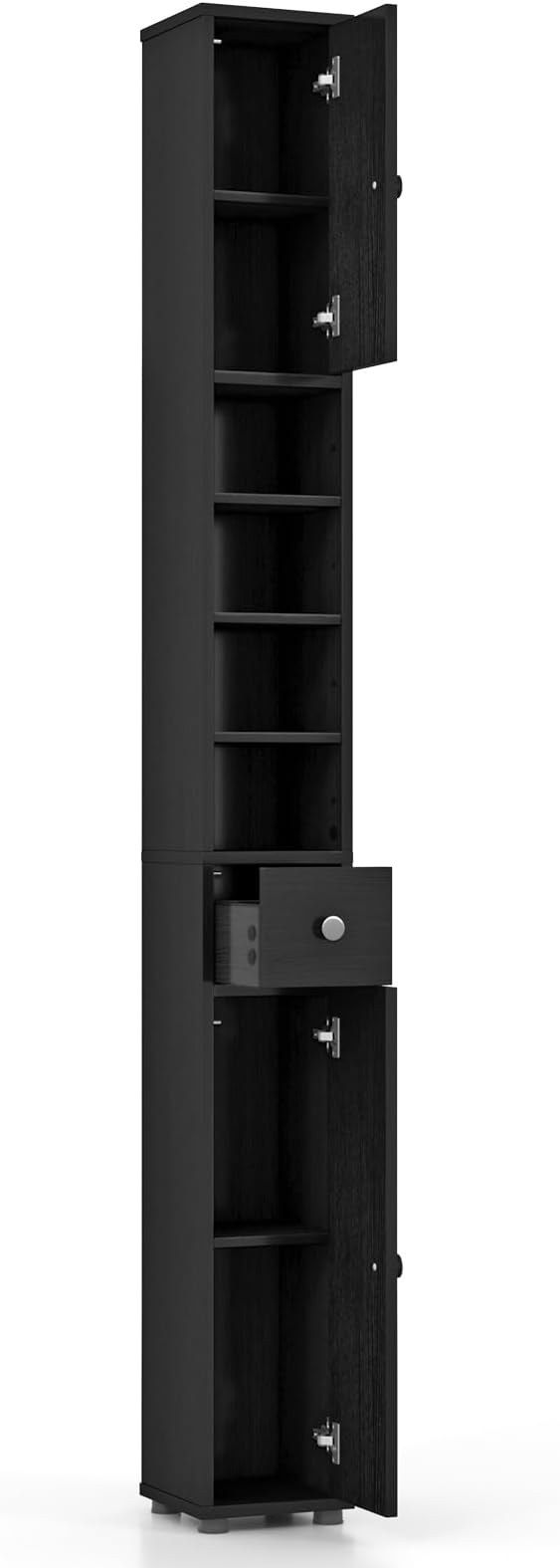 GOFLAME 71” Tall Bathroom Storage Cabinet, Narrow Freestanding Organizer with 1 Drawer, 2 Doors & 5 Open Shelves, Slim Bathroom Cabinet for Small Space, 8" x 8" x 71", Black