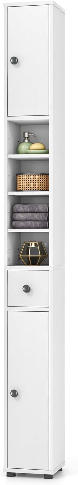 Giantex Slim Bathroom Storage Cabinet - 71” Tall Narrow Floor Cabinet Cupboard with 2 Doors, 5 Adjustable Shelves, 1 Drawer, Anti-Tipping Device, Thin Linen Tower Cabinet for Living Room (1, White)