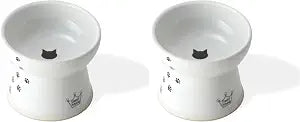 Necoichi Raised Cat Food Bowl – Ceramic Elevated Cat Bowl for Whisker & Neck Fatigue, Dishwasher Microwave Safe – Non-Slip & Anti Vomiting Ergonomic Design (Cats, Large) (Pack of 2)