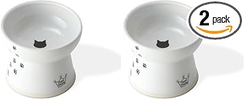 Necoichi Raised Cat Food Bowl – Ceramic Elevated Cat Bowl for Whisker & Neck Fatigue, Dishwasher Microwave Safe – Non-Slip & Anti Vomiting Ergonomic Design (Cats, Large) (Pack of 2)