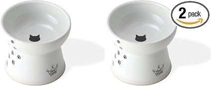 Necoichi Raised Cat Food Bowl – Ceramic Elevated Cat Bowl for Whisker & Neck Fatigue, Dishwasher Microwave Safe – Non-Slip & Anti Vomiting Ergonomic Design (Cats, Large) (Pack of 2)