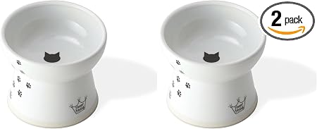Necoichi Raised Cat Food Bowl – Ceramic Elevated Cat Bowl for Whisker & Neck Fatigue, Dishwasher Microwave Safe – Non-Slip & Anti Vomiting Ergonomic Design (Cats, Large) (Pack of 2)