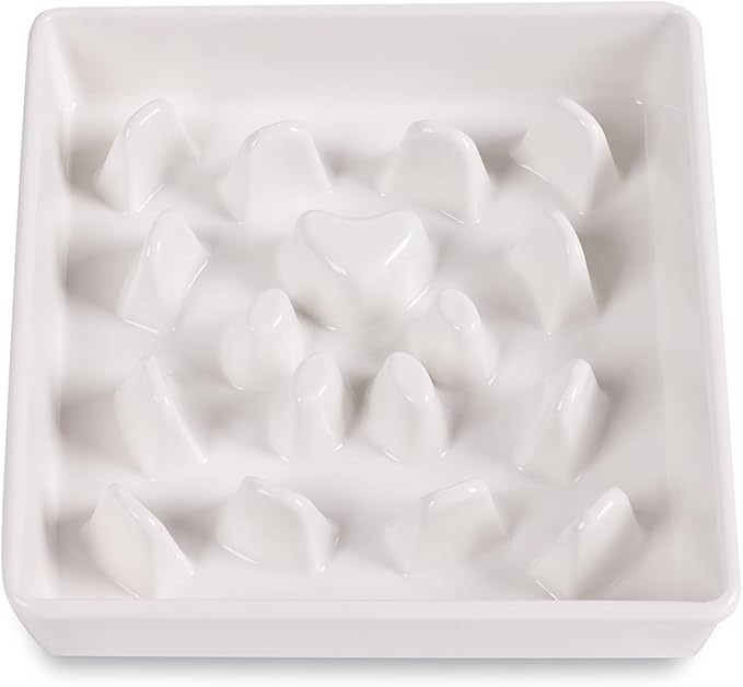 Square Slow Feeder Dog Bowls, Ceramic Fun Slow Eater Bowl for Small Medium Breed (White)