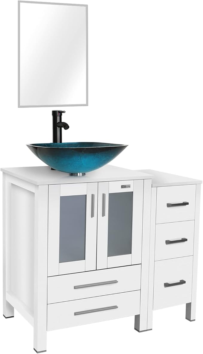 eclife 36" Modern Bathroom Vanity Sink Combo Freestanding Cabinet with Small Side Cabinet, Turquoise Square Glass Vessel Sink, Water Save Faucet, Drain (White+A10)