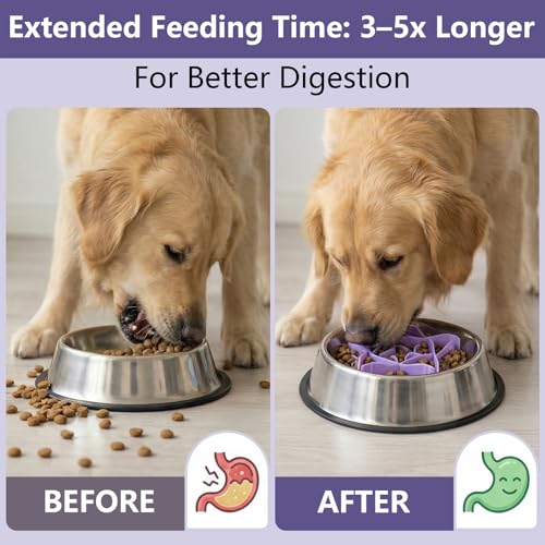 Silicone Dog Slow Feeder Bowl Insert with Suction Cups, Cuttable Food-Grade Lick Mat Divider Fits Stainless Steel Ceramic Glass Dog Bowls, Helps Slow Down Eating, Purple