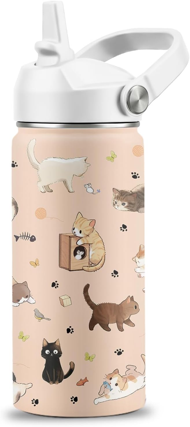 Cat Lover Gifts for Boys Girls, 16 oz Stainless Steel Insulated Water Bottle with Straw Lid, Cats Water Bottle for Cat Lovers, Cute Cat Tumbler for Birthday Christmas (1pcs)