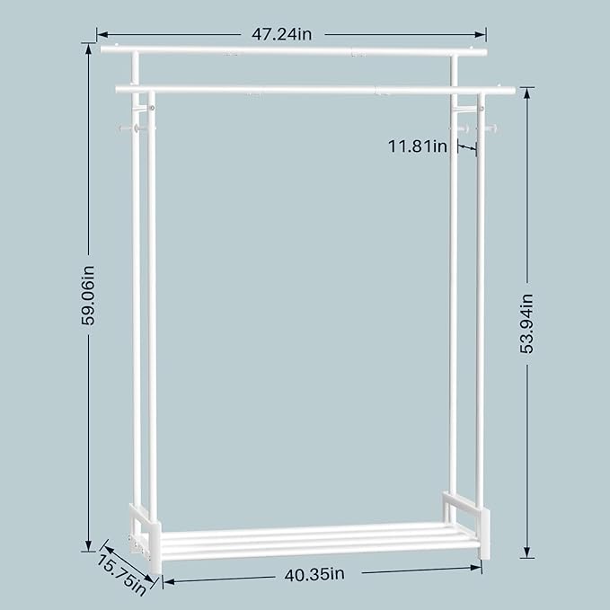 Clothes Rack for Hanging Cloth,Double Rods Metal Clothes Rack with Storage Shelf and Coat/Hat Hook, Freestanding Clothing Rack for Bedroom, Laundry, Cloakroom, White