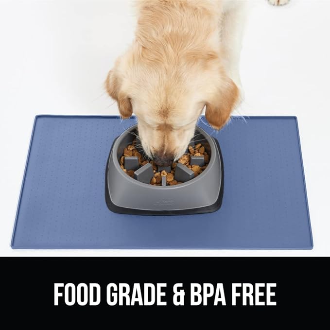 Gorilla Grip Slow Feeder Dog Bowl and Pet Feeding Mat, 2 Cups Dogs Pet Bowls Slip Resistant, Dog Food Mats Size 18.5x11.5 Waterproof Placemats, Both in Light Blue Color, 2 Item Bundle