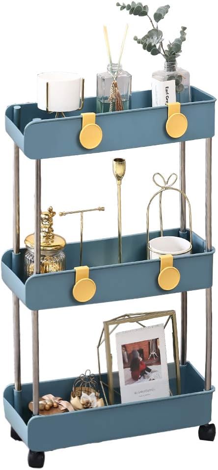 Melody House 3-Tier Slim Mobile Shelving Unit on Wheels, Slide Out Rolling Bathroom Storage Organizer, Utility Carts Shelf Rack for Kitchen Bathroom Laundry Room Narrow Places, Navy Blue