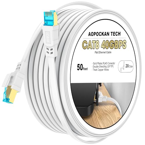 Cat 8 Ethernet Cable 50 ft, Shielded Flat RJ45 Network LAN Cable - Image 1