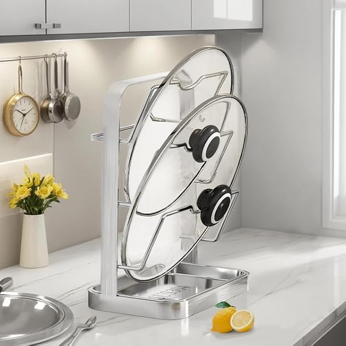 Pot Lid Holder While Cooking, 3 Tier 304 Stainless Steel Pot Lid Organizer with Drip Tray, Kitchen Storage Rack for Stove Top & Countertop, Heavy Duty Lid Holder for Pots and Pans, Silver