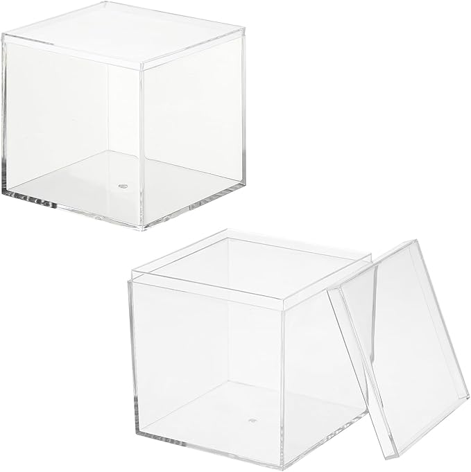 Acrylic Box with Lid, 3.15 x 3.15 x 3.15 in Acrylic Display Case Plastic Square Cube Container Storage Holder Stackable Bins for Cosmetic Collectible Candy Jewelry(2 Pack, Clear)