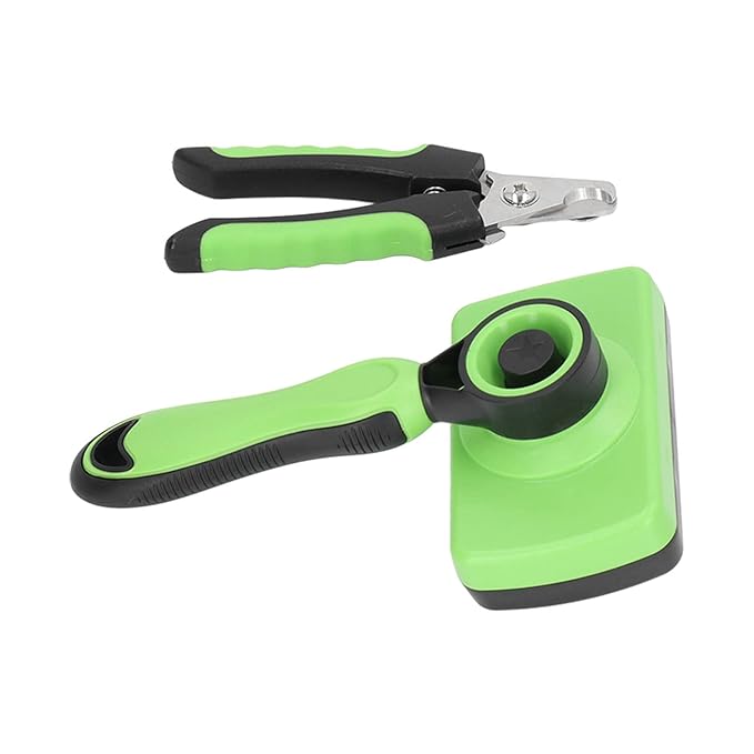 Pet Grooming Brush and Nail Clippers Kit, Stainless Steel, Self Cleaning Set for Dogs and Cats - Easy Use, Ergonomic Design, Massaging for Shedding Control