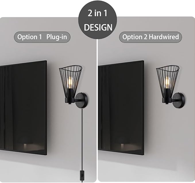 Plug in Wall Sconce Indoor Large Industrial Wall Sconces Farmhouse Wall Lamp with Plug in Cord Vintage Black Wall Lights with On/Off Switch Wall Light Fixture for Living Room Bedroom Rustic