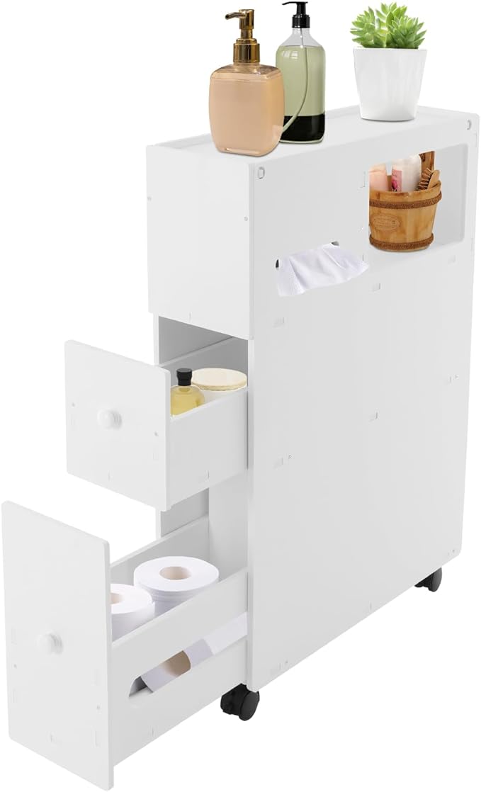 Toilet Paper Holder Stand - Narrow Floor Storage Cabinet with Drawers for Small Bathrooms - White