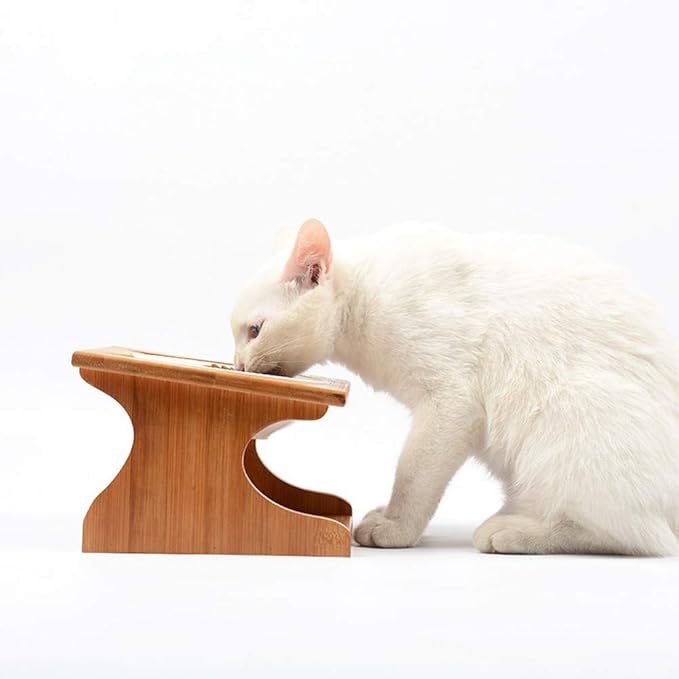 Cat Bowls Pet Dining Table with Raised Slope Wooden Stand Elevated Pet Bowls with Oblique Stand for More Comfortable Eating for Cats, Dogs, Kitten and Puppy (Single Bowl, Ceramics)