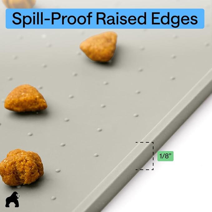 GORILLA GRIP 100% Waterproof Raised Edge BPA Free Silicone Pet Feeding Mat, Dog Cat Food Mats Contain Spills Protects Floors, Placemats for Cats, Dogs Water Bowl, Pets Accessories 32x24 Light Gray