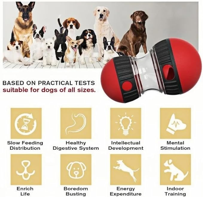 Treat Dispensing Dog Toy Puzzle, Interactive Slow Feeder Ball, Food Dispenser Enrichment Toy for Boredom, Training & Mental Stimulation, Durable ABS+PC, Red
