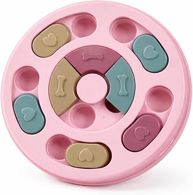 Interactive Dog Puzzle Toy, Adjustable Difficulty Treat Dispenser, Round Food Puzzle Feeder for Mental Stimulation & Enrichment, Slow Feeding Board, Pink