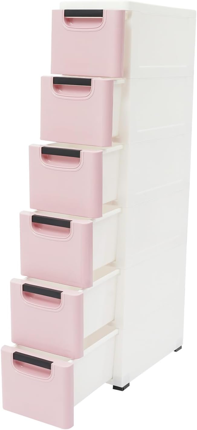 6 Drawers Narrow Slim Plastic Storage Cabinet,Storage Drawer with Wheels,6 Tier Drawers Dresser,Rolling Narrow Cabinet for Small Spaces Bathroom Kitchen Bedroom Living Room,Pink