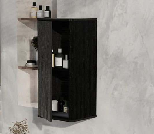 Striped Walnut Floating Bathroom Side Cabinet Wall-Mounted Storage for Small Spaces Pre-Assembled with Safe Curvy Design Push-Open Door