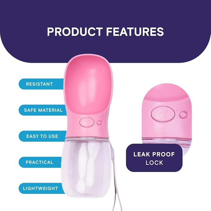 Portable Dog Water Bottle with Bowl – Leak Proof, Lightweight Travel Water Bottle for Dogs. (Pink, 350 ml)