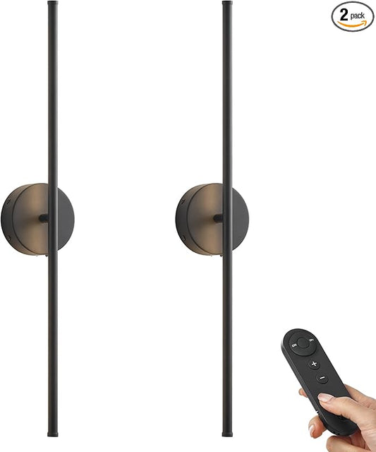 Battery Operated Wall Sconces, Dimmable Wall Sconces Set of Two, 350°Rotate, 3000K LED Black Wireless Wall Light for Living Room, Bedroom,Hallway, 24.4 Inch (2 Pack)