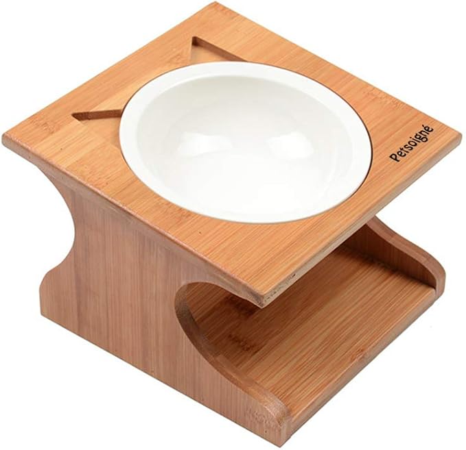 Cat Bowls Pet Dining Table with Raised Slope Wooden Stand Elevated Pet Bowls with Oblique Stand for More Comfortable Eating for Cats, Dogs, Kitten and Puppy (Single Bowl, Ceramics)