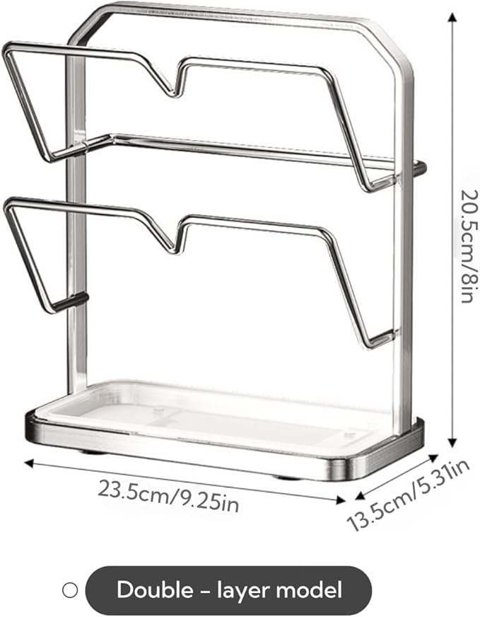 Stainless Steel Pot Lid Rack While Cooking, Kitchen Pot Lid Storage Rack, Multi Functional Countertop Kitchen Pot Lid Organizer(Silver,Double-layer Model)