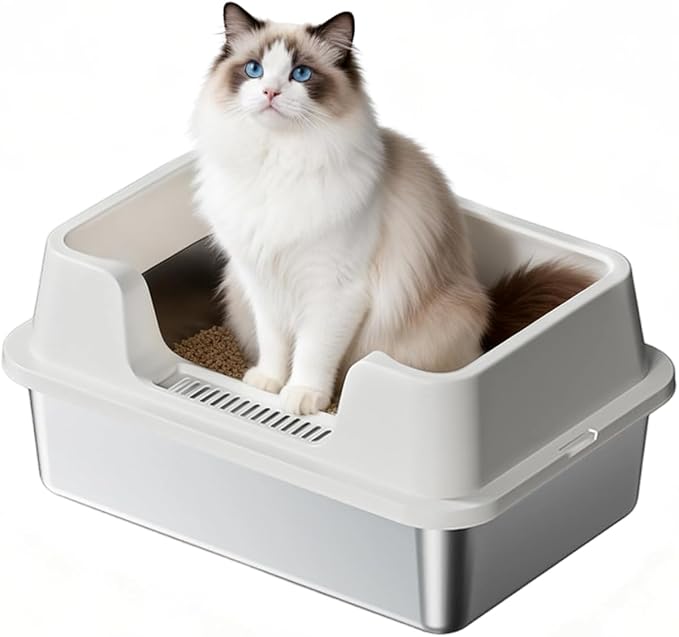 Enclosed Stainless Steel Cat Litter Box with Lid Extra Large Litter Box for Big Cats XL Metal Litter Pan Tray with High Wall Sides Enclosure, Non-Sticky, Anti-Leakage, Easy Cleaning