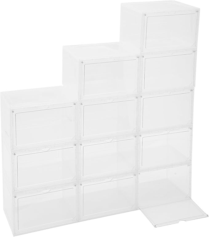 12 Pack Stackable Shoe Box,Semi-Transparent Plastic Sneaker Box,Free Standing Shoe Containers,Acrylic Shoe Display Case,Sneaker Storage,for Shoes,Clothes, Purses,13.39 * 10.63 * 8.66in (Clear)
